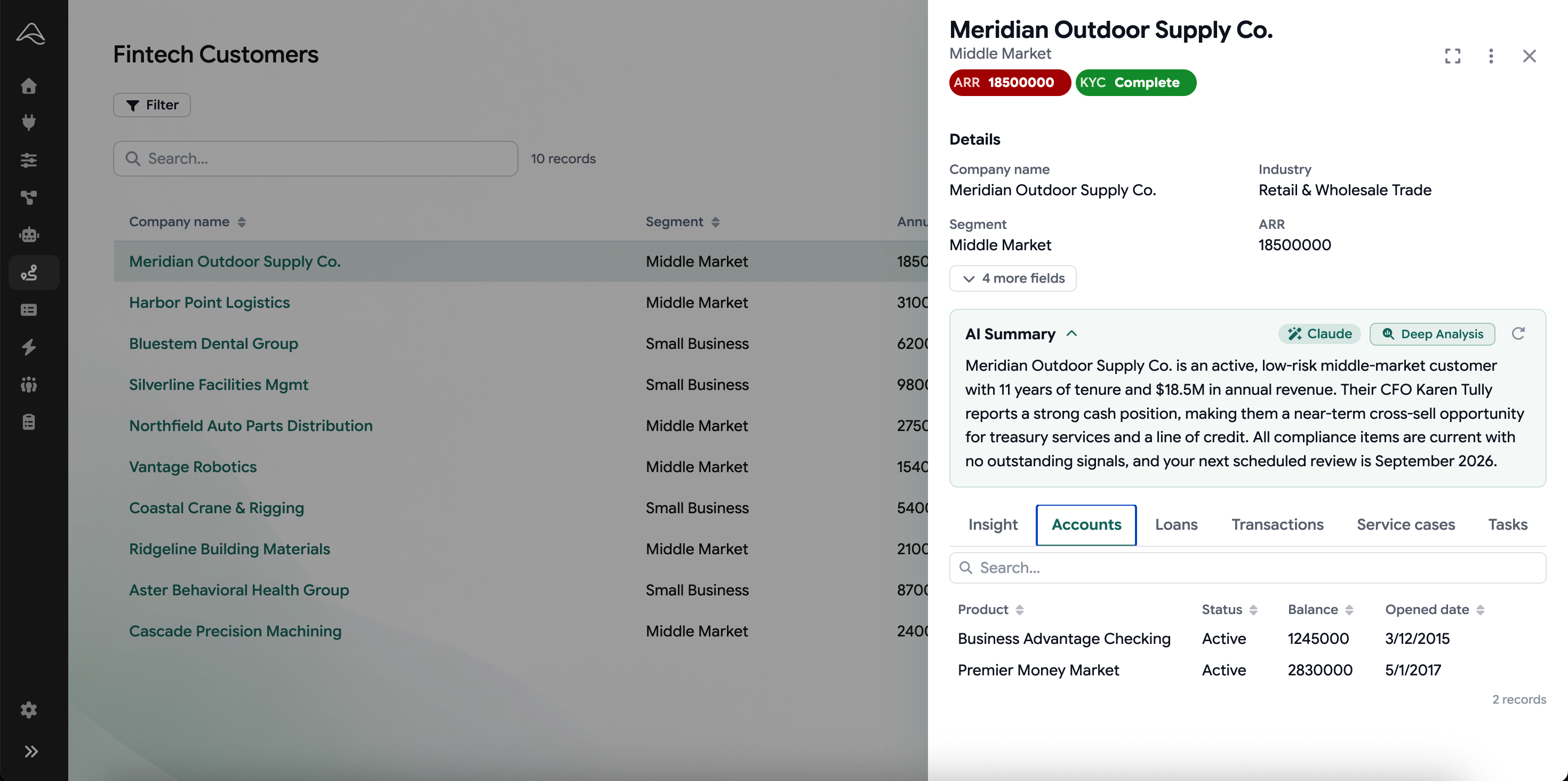 ascentX cockpit showing a unified customer record with AI-generated account summary